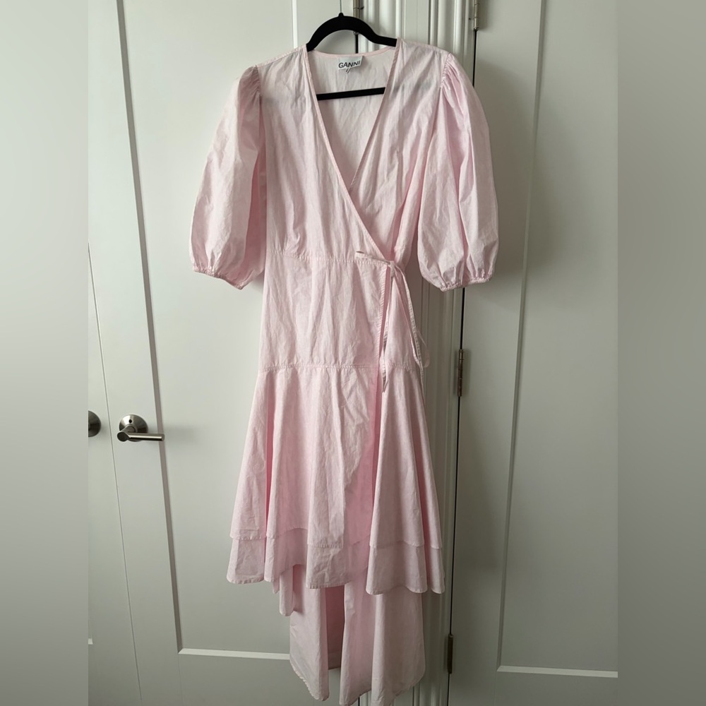 Ganni Pale Pink Puff Sleeve Wrap Midi Dress